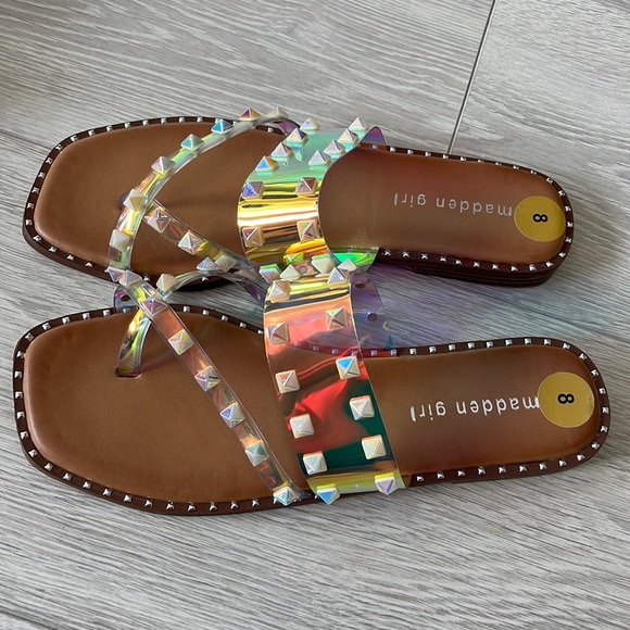 MADDEN GIRL New!! Heidi Holographic Studded Slip on Flats Sandals—Size 8– - Picture 2 of 7